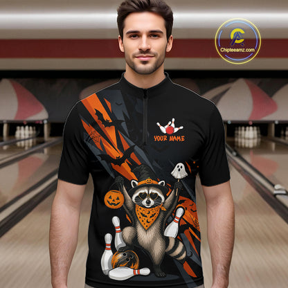 Man wearing a black Halloween bowling quarter zip featuring a raccoon wearing an orange bandana, ghost and pumpkin accents, bowling pins and ball, with personalized name and team name text.
