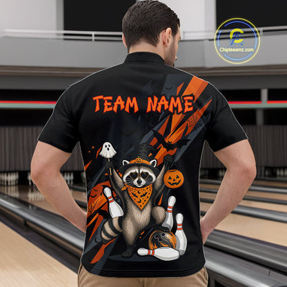 Man wearing a black Halloween bowling quarter zip featuring a raccoon wearing an orange bandana, ghost and pumpkin accents, bowling pins and ball, with personalized name and team name text.