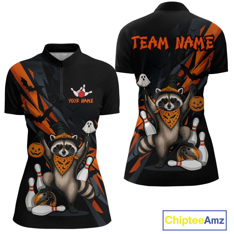 Front and back views of a black Halloween bowling quarter zip featuring a raccoon wearing an orange bandana, ghost and pumpkin accents, bowling pins and ball, with personalized name and team name text.