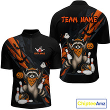 Load image into Gallery viewer, Front and back views of a black Halloween bowling quarter zip featuring a raccoon wearing an orange bandana, ghost and pumpkin accents, bowling pins and ball, with personalized name and team name text.