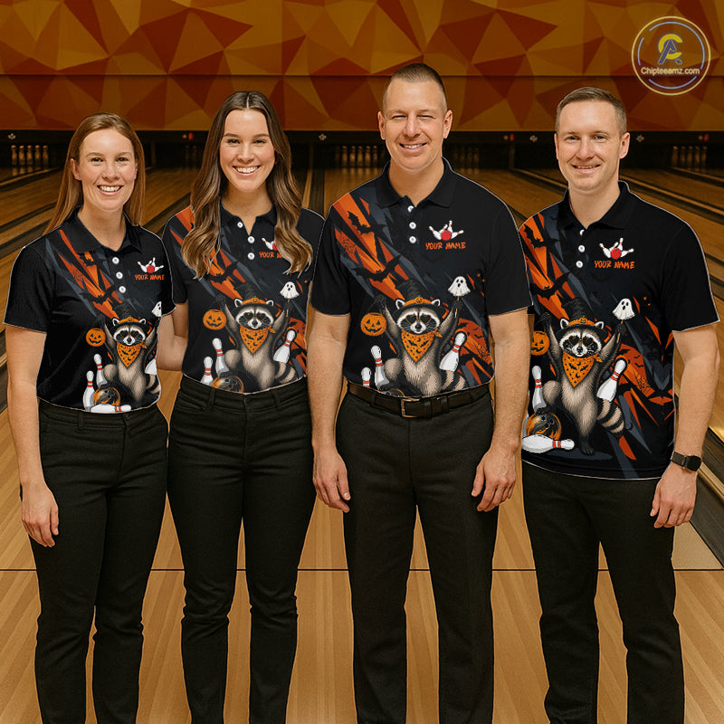 Four people wearing a black Halloween bowling quarter zip featuring a raccoon wearing an orange bandana, ghost and pumpkin accents, bowling pins and ball, with personalized name and team name text.