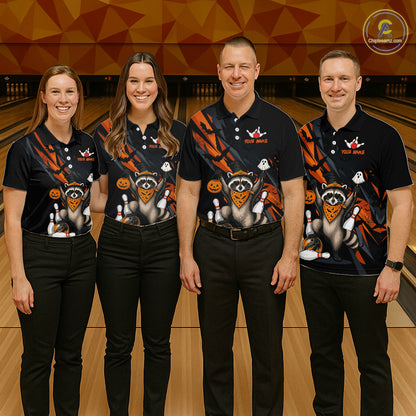 Four people wearing black Halloween bowling polo featuring a raccoon wearing an orange bandana, ghost and pumpkin accents, bowling pins and ball, with personalized name and team name text.