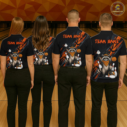 Four people wearing a black Halloween bowling quarter zip featuring a raccoon wearing an orange bandana, ghost and pumpkin accents, bowling pins and ball, with personalized name and team name text.