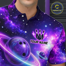 Load image into Gallery viewer, Man wearing a purple galaxy bowling polo with ringed planet bowling balls, white pins, and custom player name text.