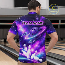 Load image into Gallery viewer, Man wearing a purple galaxy bowling quarter zip with ringed planet bowling balls, white pins, and custom team name text.