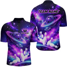 Load image into Gallery viewer, Front and back views of a purple galaxy bowling quarter zip with ringed planet bowling balls, white pins, and custom team and player name text.