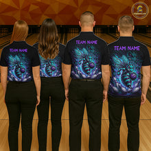 Load image into Gallery viewer, Four people wearing black bowling polo with teal and purple bee graphics, custom team text, bowling pins, and a purple bowling ball.