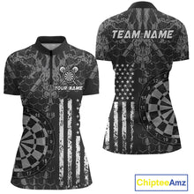 Load image into Gallery viewer, Front and back darts quarter zip shirt featuring dartboard graphics blended with a american flag flag pattern on a black gray background.
