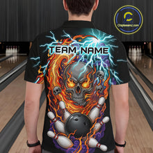 Load image into Gallery viewer, Man wearing a black bowling polo featuring a flaming skull graphic, lightning effects, bowling pins, and a black bowling ball, with custom team name text.