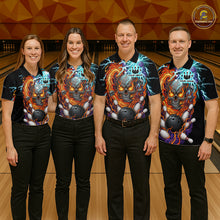 Load image into Gallery viewer, Four people wearing black bowling polo featuring a flaming skull graphic, lightning effects, bowling pins, and a black bowling ball, with custom player name text.