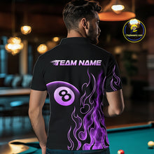 Load image into Gallery viewer, Men wearing billiards polo shirt featuring an eight ball design surrounded by flowing purple flame graphics on a black background.