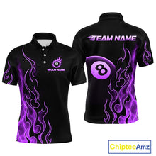 Load image into Gallery viewer, Front and back billiards polo shirt featuring an eight ball design surrounded by flowing purple flame graphics on a black background.