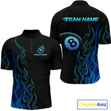 Load image into Gallery viewer, Front and back billiards quarter zip shirt featuring an eight ball design surrounded by flowing blue flame graphics on a black background.