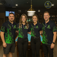 Load image into Gallery viewer, Four people wearing billiards polo shirt featuring an eight ball design surrounded by flowing green flame graphics on a black background.