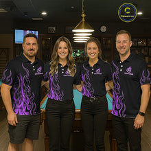 Load image into Gallery viewer, Four people wearing billiards polo shirt featuring an eight ball design surrounded by flowing purple flame graphics on a black background.