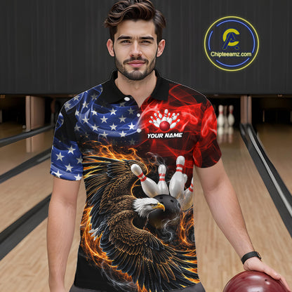 Custom Smoke US Flag Eagle Bowling Jersey for Men Bowling Team Shirts Bowling League Polo & 1/4 Zip HNT472