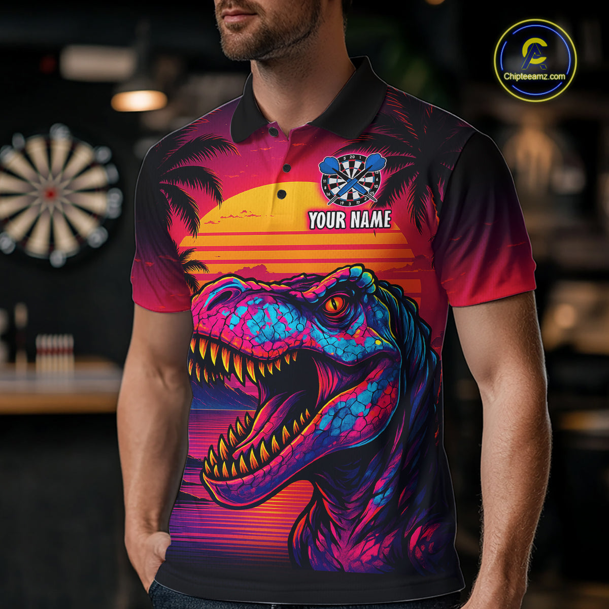 Custom Neon Dinosaur Dart Shirts For Men Dart Board Gifts Darts Team Jerseys Dart League NNT161
