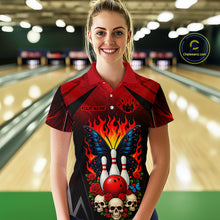 Load image into Gallery viewer, Woman wearing a red and black bowling polo shirt featuring flaming bowling pins, a red bowling ball, a blue butterfly, roses, skulls, and custom player name text.