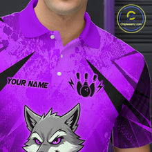 Load image into Gallery viewer, Purple polo shirt with a wolf graphic and customizable text on a dark background