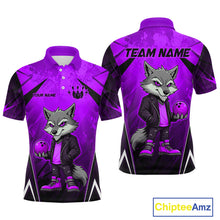 Load image into Gallery viewer, Front and back views of a purple and black bowling polo shirt featuring a gray wolf mascot holding a purple bowling ball, with custom team and player name text.