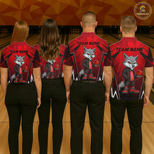 Load image into Gallery viewer, Four people wearing red and black bowling polo shirt featuring a gray wolf mascot holding a red bowling ball, with custom team name text.