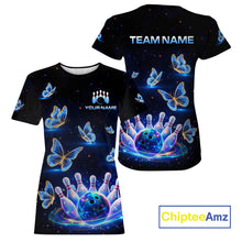 Load image into Gallery viewer, Black t-shirt with butterfly and bowling design, customizable with team name, ChipteeAmz brand visible.
