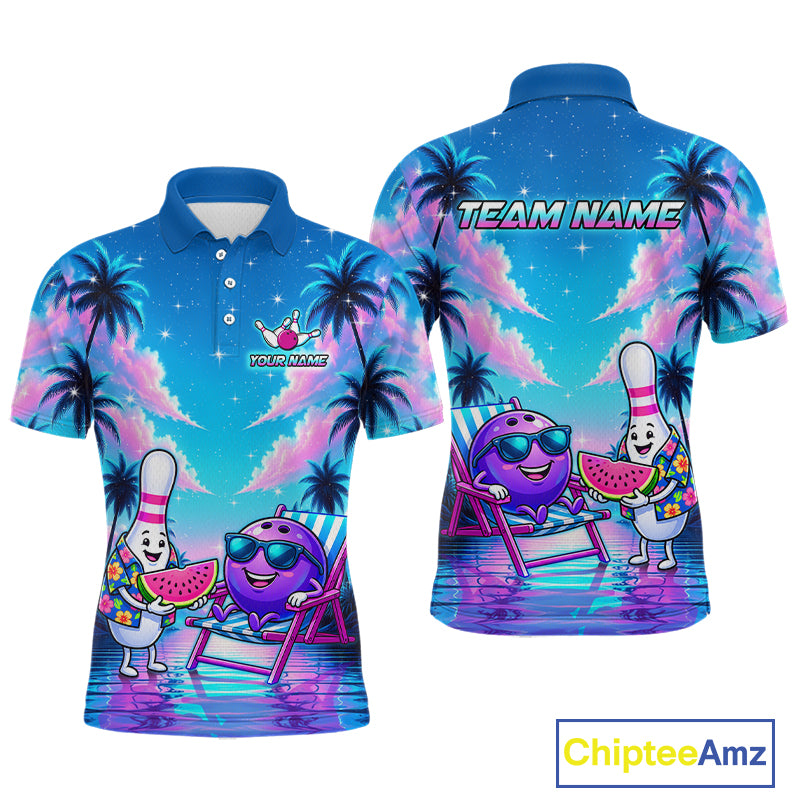 Front and back view personalized bowling polo shirt with bowling characters arranged within a tropical sunset scene with palm trees and ocean details.