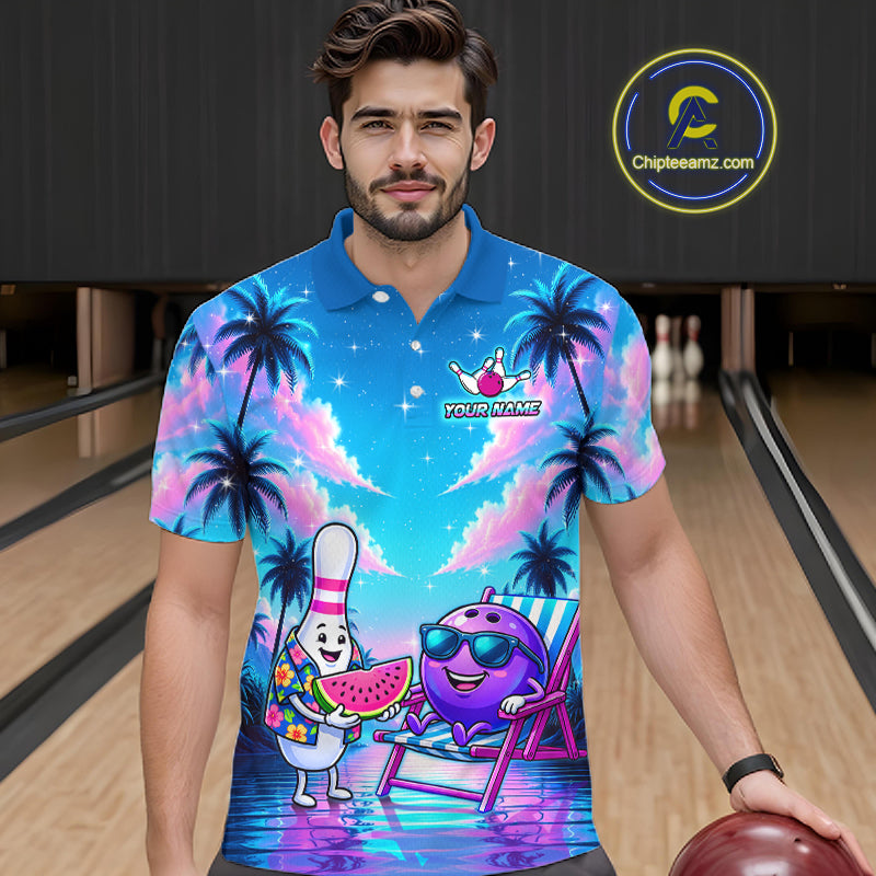 Men wearing personalized bowling polo shirt with bowling characters arranged within a tropical sunset scene with palm trees and ocean details.