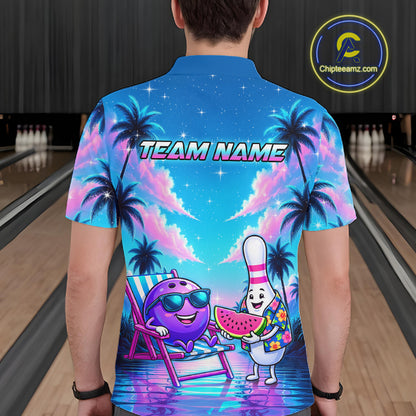 Men wearing personalized bowling polo shirt with bowling characters arranged within a tropical sunset scene with palm trees and ocean details.