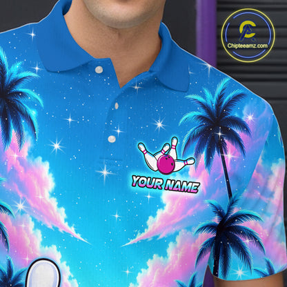 personalized bowling polo shirt with bowling characters arranged within a tropical sunset scene with palm trees and ocean details.