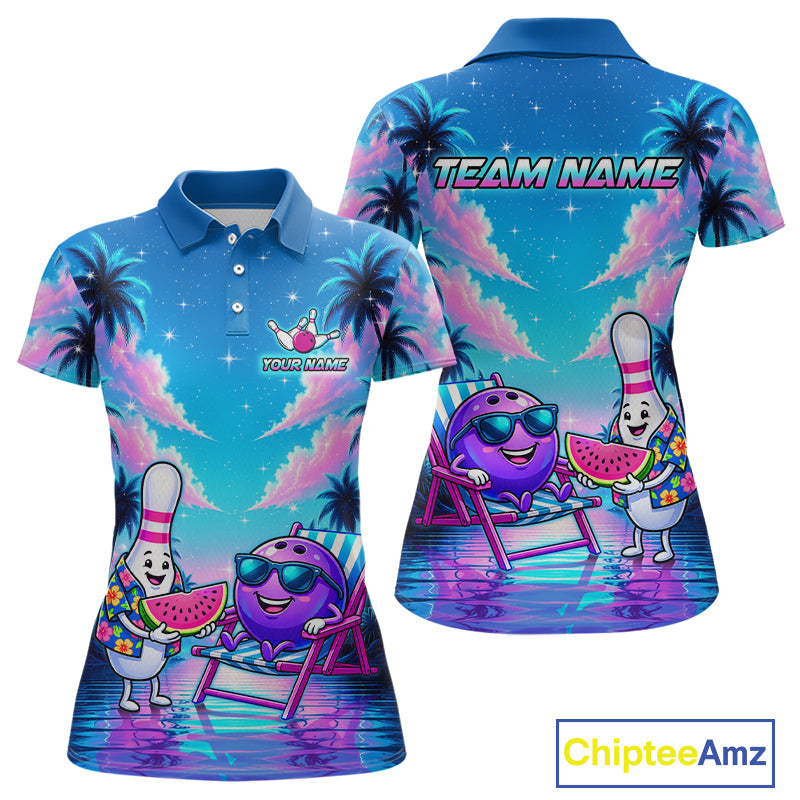 Front and back view personalized bowling polo shirt with bowling characters arranged within a tropical sunset scene with palm trees and ocean details.