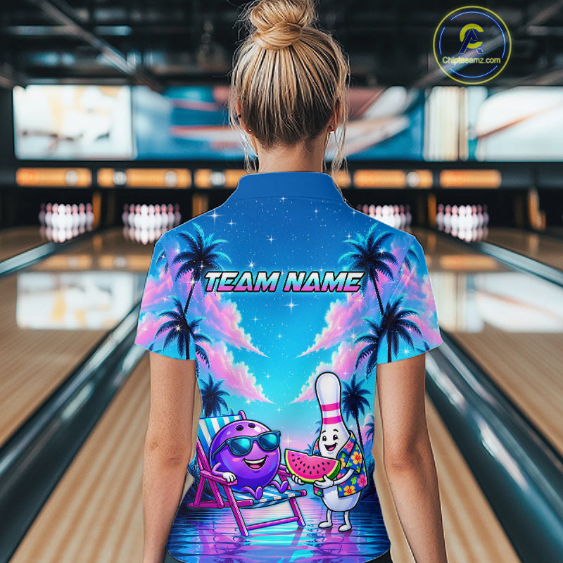 Women wearing personalized bowling polo shirt with bowling characters arranged within a tropical sunset scene with palm trees and ocean details.