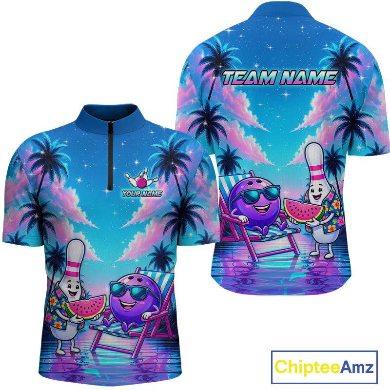 Front and back view personalized bowling quarter zip shirt with bowling characters arranged within a tropical sunset scene with palm trees and ocean details.