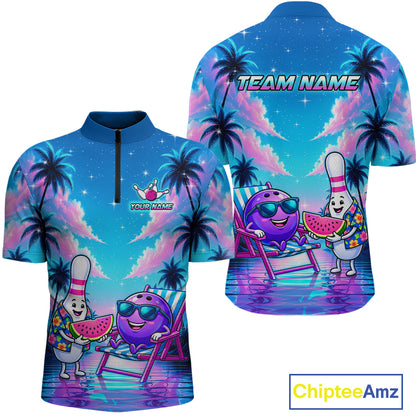 Front and back view personalized bowling quarter zip shirt with bowling characters arranged within a tropical sunset scene with palm trees and ocean details.