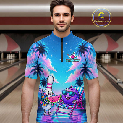 Men wearing personalized bowling quarter zip shirt with bowling characters arranged within a tropical sunset scene with palm trees and ocean details.