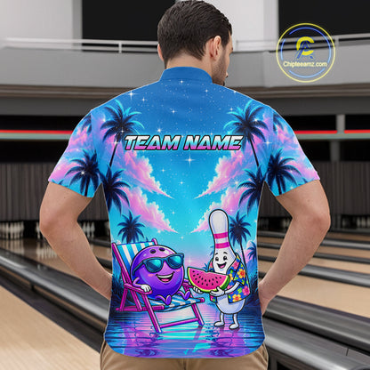 Men wearing personalized bowling quarter zip shirt with bowling characters arranged within a tropical sunset scene with palm trees and ocean details.