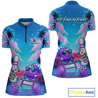 Front and back view personalized bowling quarter zip shirt with bowling characters arranged within a tropical sunset scene with palm trees and ocean details.