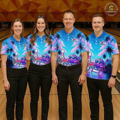 Four people wearing personalized bowling polo shirt with bowling characters arranged within a tropical sunset scene with palm trees and ocean details.