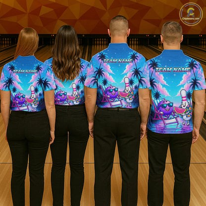 Four people wearing personalized bowling polo shirt with bowling characters arranged within a tropical sunset scene with palm trees and ocean details.