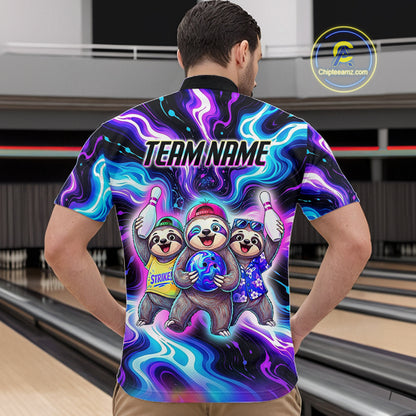 Custom Funny Sloth Bowling Jersey for Men Purple Blue Neon Bowling Team Shirts Bowling League HNT307