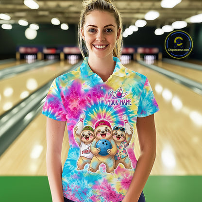 Custom Funny Sloth Bowling Jersey for Women Tropical Tie-Dye Bowling Team Shirts Bowling League HNT306