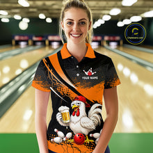 Load image into Gallery viewer, Woman wearing a orange and black bowling polo featuring a chicken holding a beer mug, red bowling ball, scattered pins, and custom your name text.