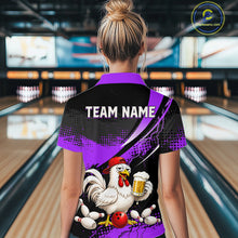 Load image into Gallery viewer, Woman wearing a purple and black bowling polo featuring a chicken holding a beer mug, red bowling ball, scattered pins, and custom team name text.