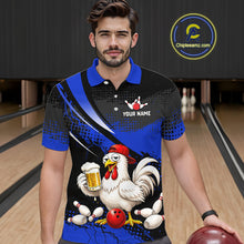 Load image into Gallery viewer, Man wearing a blue and black bowling polo featuring a chicken holding a beer mug, red bowling ball, scattered pins, and custom your name text.