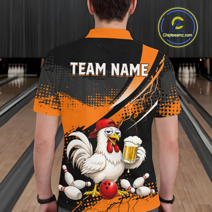 Man wearing a orange and black bowling polo featuring a chicken holding a beer mug, red bowling ball, scattered pins, and custom team name text.