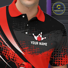 Load image into Gallery viewer, Black and red sports jersey with a bowling design and customizable text on a dark background.