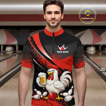 Load image into Gallery viewer, Man wearing a red and black bowling quarter zip featuring a chicken holding a beer mug, red bowling ball, scattered pins, and custom your name text.
