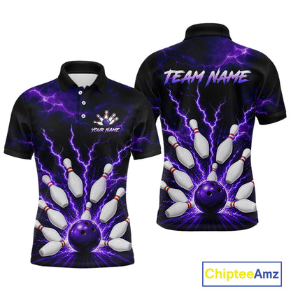 Front and back personalized bowling polo with purple lightning framing a bowling ball and pins beneath team and player names