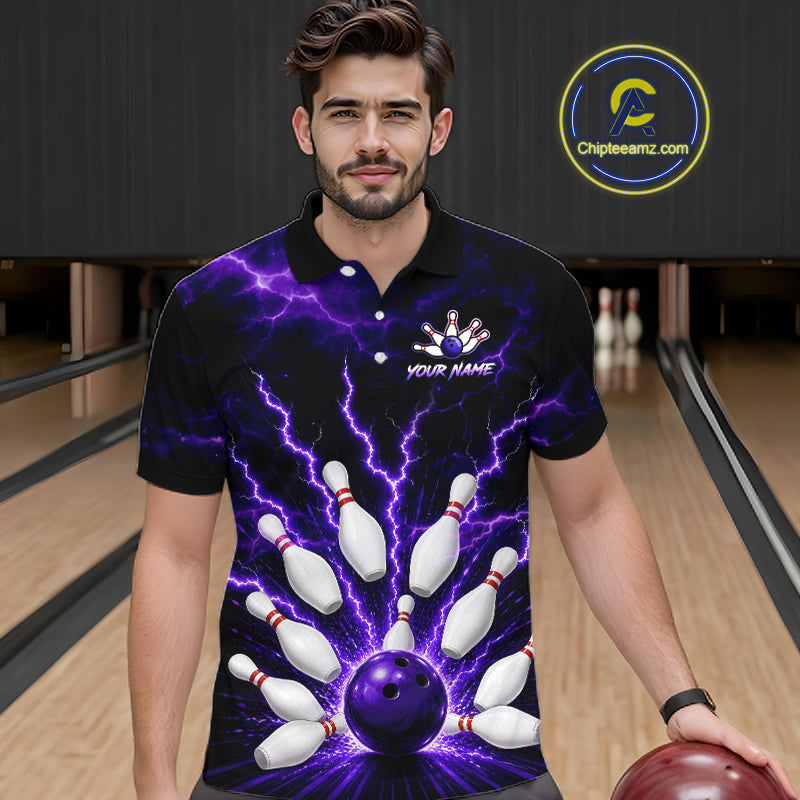 Men wearing personalized bowling polo with purple lightning framing a bowling ball and pins beneath team and player names