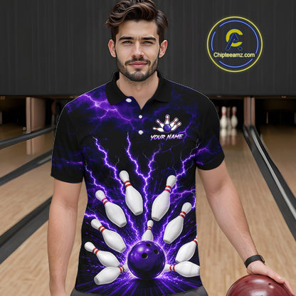 Men wearing personalized bowling polo with purple lightning framing a bowling ball and pins beneath team and player names